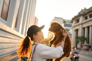 woman-dog-pet-sunset-street-city